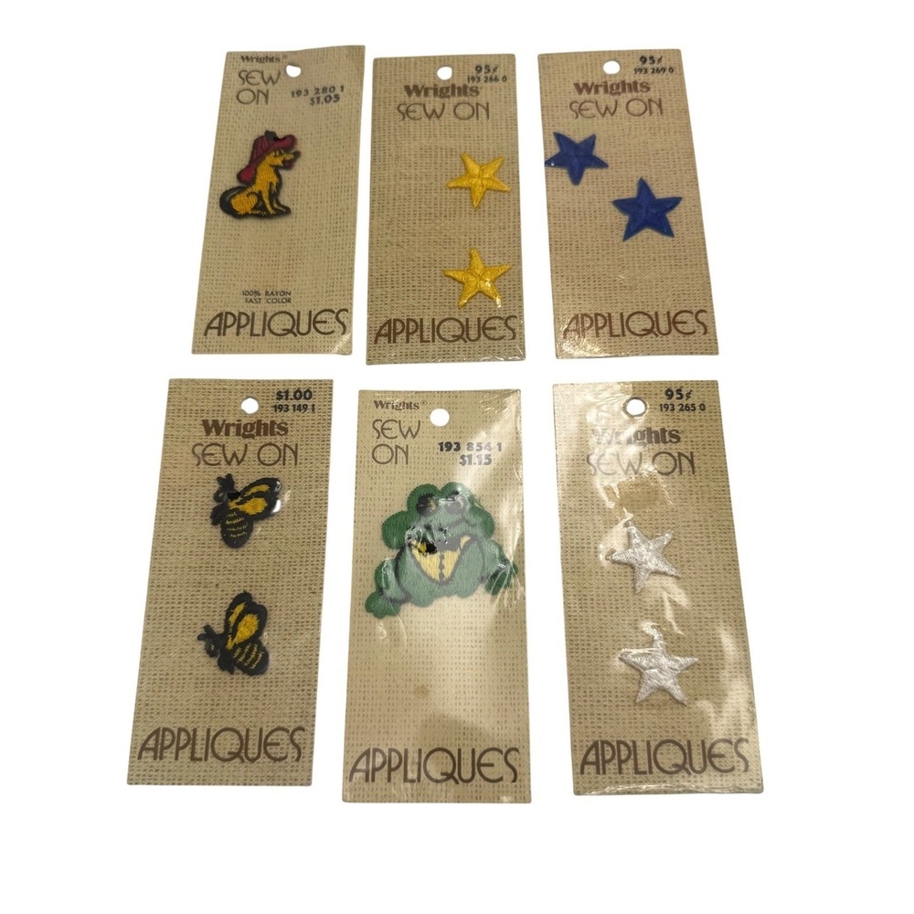 Vintage 70s Wrights Sew On Appliques Patches Lot of 6 Stars Frog Dog Bee